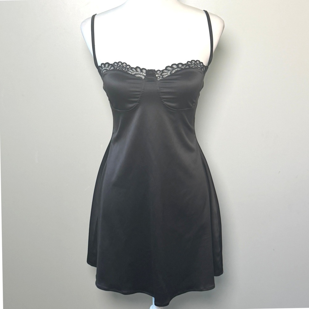 LYANER Womens S Black Satin Lace Trim Slip Dress Mini Whimsygoth Babydoll Grunge